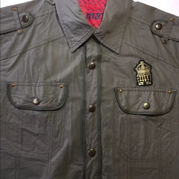 Max Men’s Short Sleeve Button Down Shirt Patched Army Green M - Picture 8 of 11